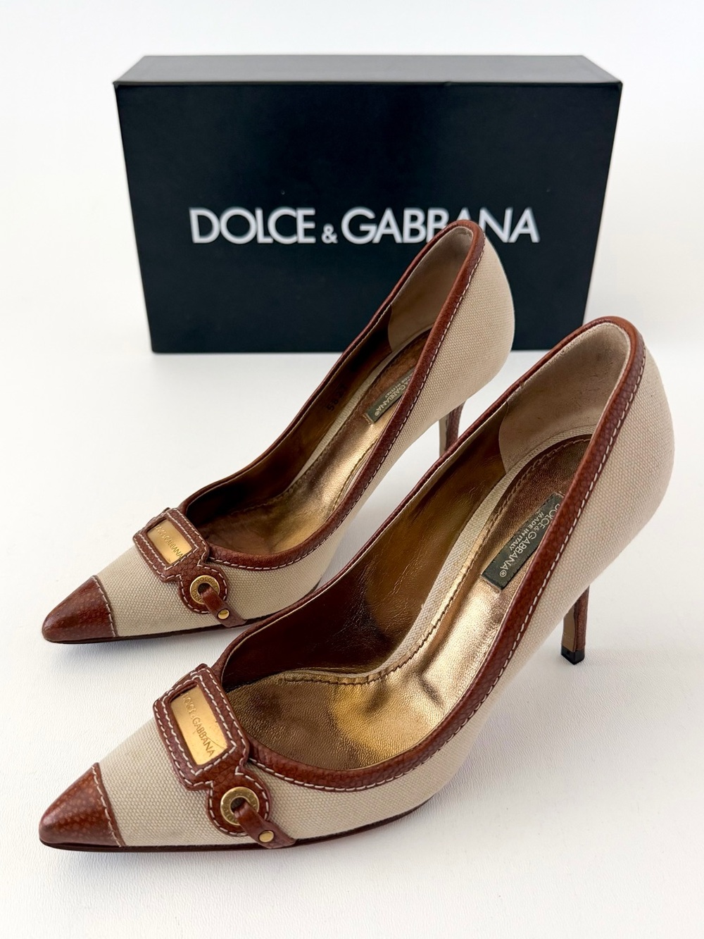 DOLCE & GABBANA | Vintage‎ Canvas Leather Pointed Toe Pumps Heels EU 36.5